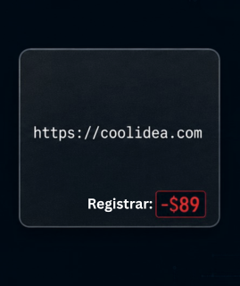 Registrar-style card showing coolidea.com with a negative 89 dollar value